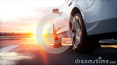 Luxury white car on highway, road. Very fast driving. Wonderfull sunset. Travel and motivation concept. 3d rendering. Stock Photo