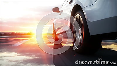 Luxury white car on highway, road. Very fast driving. Wonderfull sunset. Travel and motivation concept. Realistic 4k. Animation stock illustration Luxury white car on highway, road. Very fast driving. Wonderfull sunset. Travel and motivation concept. Realistic 4k. Animation stock illustration