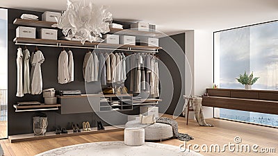 Luxury white and gray modern bedroom with walk-in closet with clothing, decor, parquet floor, panoramic window with winter Stock Photo