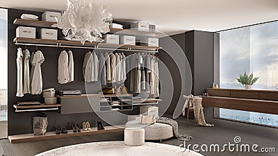 Luxury white and gray modern bedroom with walk-in closet with clothing, decor, parquet floor, panoramic window with winter Stock Photo