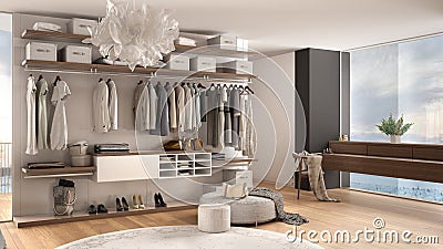 Luxury white and gray modern bedroom with walk-in closet with clothing, decor, parquet floor, panoramic window with winter Stock Photo