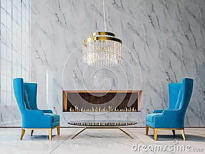 Luxury white marble mock-up wall with expensive blue armchairs, glass chandelier and modern built-in fireplace, living room Cartoon Illustration