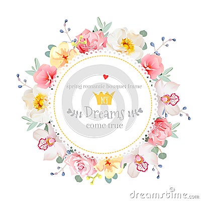 Luxury wild rose, orchid, carnation, pink flowers, blue berries and eucalyptus leaves round vector frame Vector Illustration