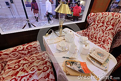 luxury wooden decoration with comfortable sofas and fancy table lamps at train. 20211208 Editorial Stock Photo