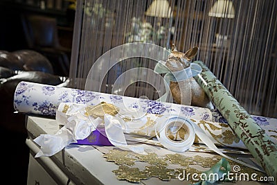 Luxury wrapping papers and ribbons Stock Photo