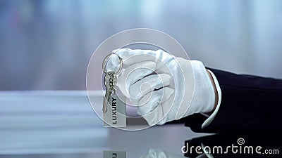 Luxury written on keychain receptionist hand demonstrating, hotel rest vacations Stock Photo