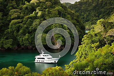 luxury yacht at anchor in secluded cove, surrounded by lush foliage Stock Photo