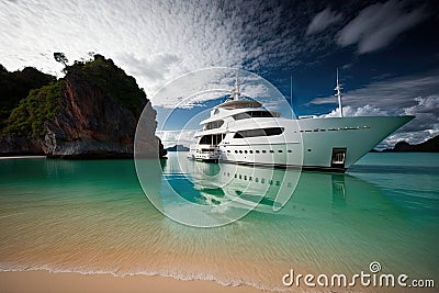 luxury yacht at anchor in serene and quiet bay Stock Photo