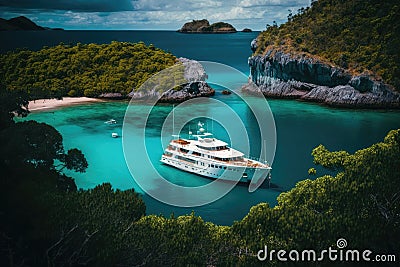 luxury yacht anchored in idyllic secluded bay with clear blue water Stock Photo