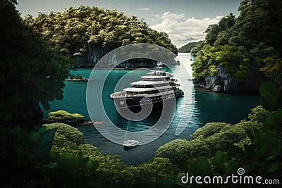 luxury yacht anchored in secluded cove, surrounded by lush greenery Stock Photo