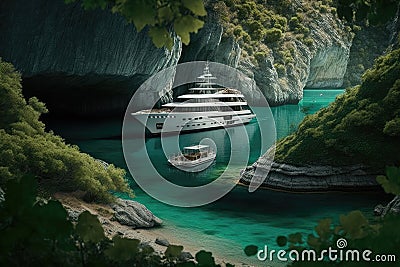 luxury yacht anchored in secluded cove, surrounded by lush greenery Stock Photo