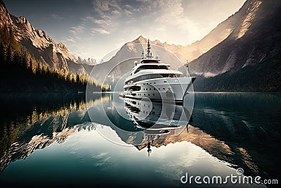 luxury yacht anchored on tranquil, serene lake Stock Photo