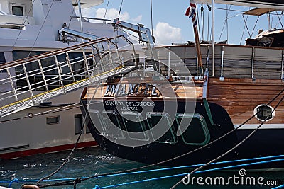 Luxury yacht boats on Rhodes beach, Greek Islands Stock Photo