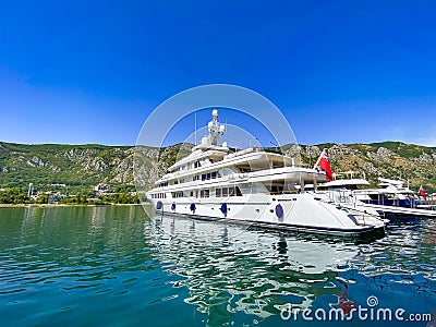 Luxury yacht at Kotor bay and port view, Montenegro Editorial Stock Photo