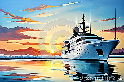 Luxury Yacht In The Sea Painting In The Room. Huge Yacht Travelling On The Sea. Generative AI Stock Photo