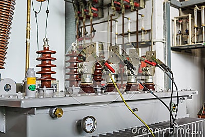 LV terminals of transformer under induced voltage test Stock Photo