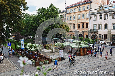 Lviv city view, city hall, panorama of historical city center, vacation Ukraine Editorial Stock Photo