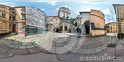 LVIV, UKRAINE - AUGUST 2019: full seamless spherical hdri panorama 360 degrees angle view narrow courtyard near chapel temple in Editorial Stock Photo