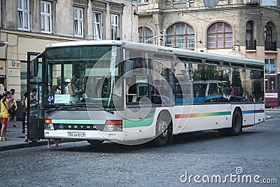 LVIV, UKRAINE - AUGUST 11, 2014: Selective blur on a bus of Lviv bus ready for an urban service in the city center of the city. Editorial Stock Photo