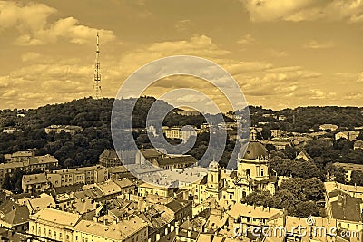 Lviv in Ukraine central district skyline, sepia Stock Photo