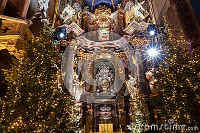 Christmas decoration in The Archcathedral Basilica of the Assumption of the Blessed Virgin Mary in Lviv, Ukraine Editorial Stock Photo