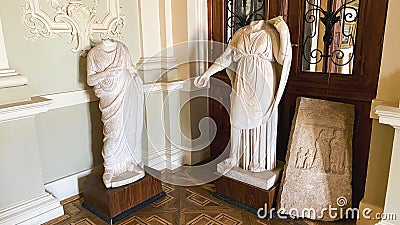 LVIV, UKRAINE - DECEMBER 7, 2019: Marble statues at the Potocki Palace Museum. Editorial Stock Photo