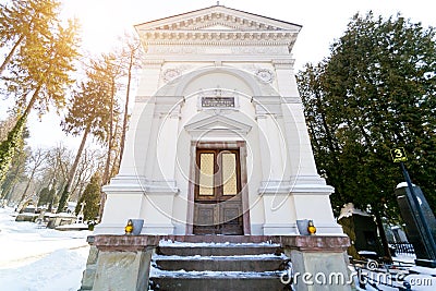 LVIV, UKRAINE - Feb 14, 2017: Ancient crypt Baczewskich in the Lychakivskyj cemetery of Lviv, Ukraine. Officially State History an Editorial Stock Photo