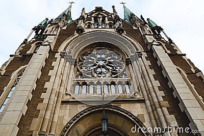 Lviv, Ukraine - February 4, 2018: St. Elizabeth church in Lviv in winter, Baroque and Gothic architecture, central entrance Editorial Stock Photo