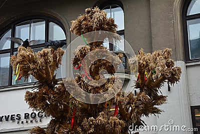 Didukh , symbol of Ukrainian Christmas in the center of Lvov city Editorial Stock Photo