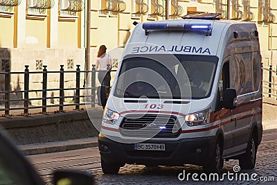 Lviv, Ukraine - July 13, 2019: the ambulance rides the streets of the city on the call of the sick Editorial Stock Photo