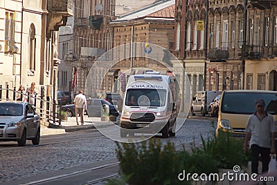 Lviv, Ukraine - July 13, 2019: the ambulance rides the streets of the city on the call of the sick Editorial Stock Photo