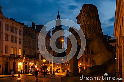 Sculpture of Lion near Lviv City hall, Ukraine Editorial Stock Photo