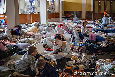 LVIV, UKRAINE - March 12, 2022: Humanitarian catastrophe during at war in Ukraine. Millions of refugees from the war-torn Editorial Stock Photo