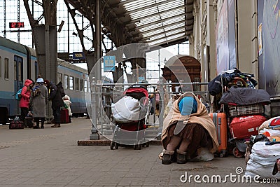 Lviv, Ukraine - March 8, 2022 : Ukrainian refugees at Lviv railway station Editorial Stock Photo