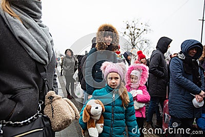 Ukrainian refugees on Lviv railway station waiting for train to escape to Europe Editorial Stock Photo