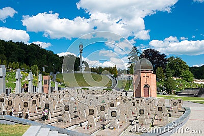 Ukrainian National Army Memorial in Lychakiv Cemetery, Lviv, Ukraine. Editorial Stock Photo
