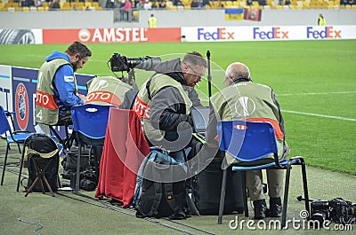 LVIV, UKRAINE - October 19, 2017: Photojournalists work at break Editorial Stock Photo