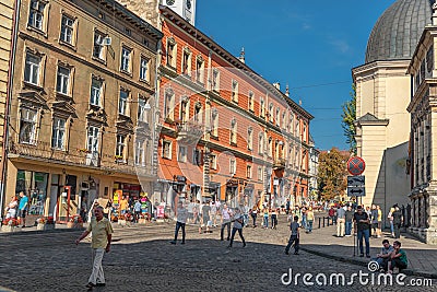 LVIV, UKRAINE - SEPTEMBER 07, 2016: Lviv City With Local Architecture and People. Editorial Stock Photo