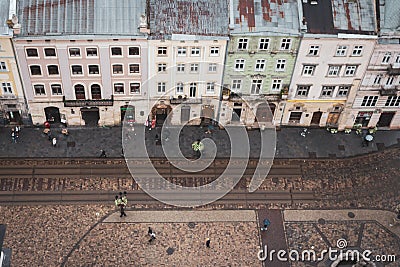 Lvov panorama landmark with empty railway, top view. Historical center of Lviv. Ancient buildings in Lvov, view from above. Editorial Stock Photo