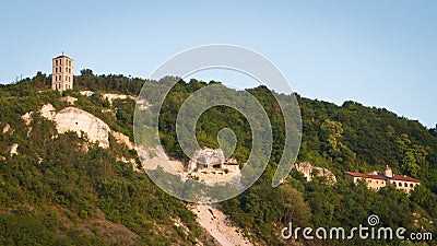 Lyadova, Ukraine. Beheading of John the Baptist Rock Friary with ancient monk caves cut in coquina cliff and modern monastery Editorial Stock Photo