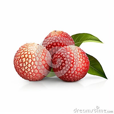 Realistic Lychee Fruit With Leaves On White Background Stock Photo
