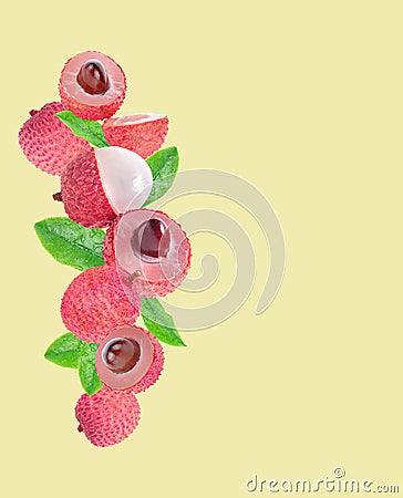 Lychees fruit top view on yellow background Stock Photo