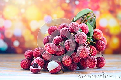 lychees on table and colorful background, fresh ripe lychee fruit tropical fruit peeled lychees slice in Thailand Stock Photo