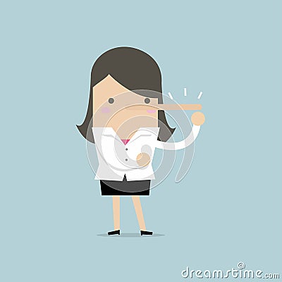 Lying businesswoman with long nose. Vector Illustration