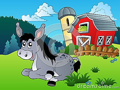 Lying donkey near farm Vector Illustration