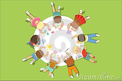 Lying little children painting on a big round paper. Cartoon detailed colorful Illustration Vector Illustration