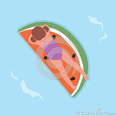 Lying little girl on inflatable watermelon Vector Illustration