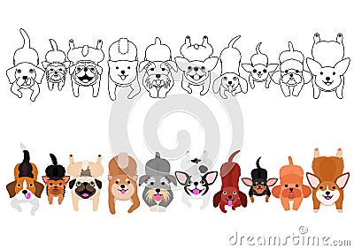 Lying small dogs looking up border set Vector Illustration