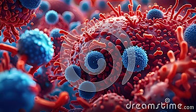 Lymphocytes cell in the immune system reacting and attacking a spreading cancer cell - illustration Stock Photo