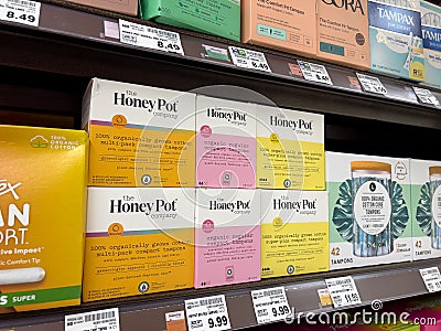 Lynnwood, WA USA - circa February 2023: Low angle view of feminine hygiene products for sale inside a grocery store Editorial Stock Photo